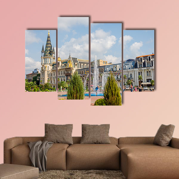 People enjoying the water fountain at Europe Park multi panel canvas wall art