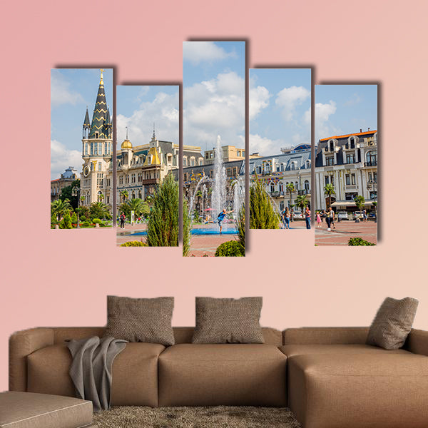 People enjoying the water fountain at Europe Park multi panel canvas wall art