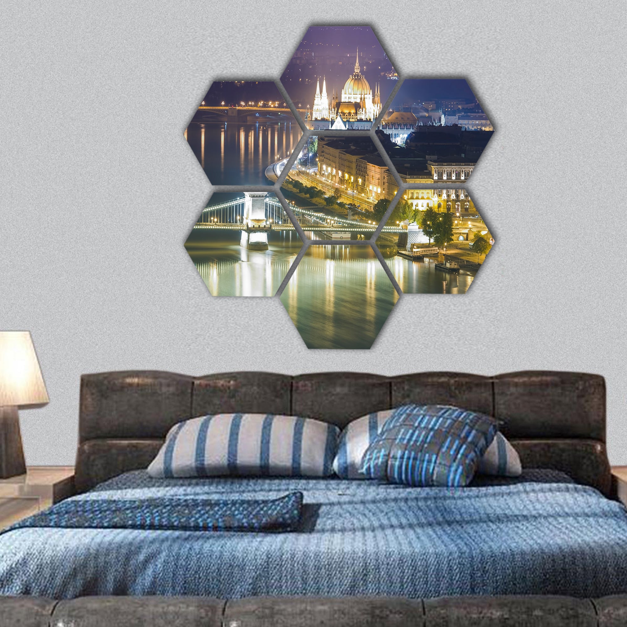 night scene of Budapest city view hexagonal canvas wall art
