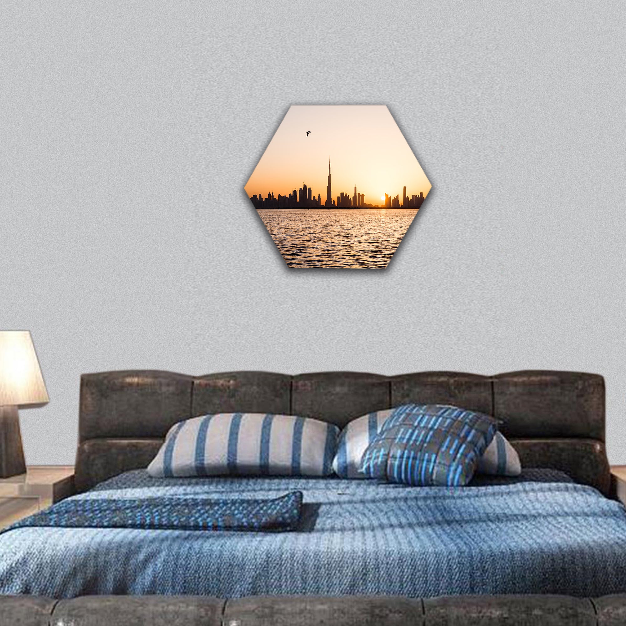 Dubai cityscape above water at sunset hexagonal canvas wall art
