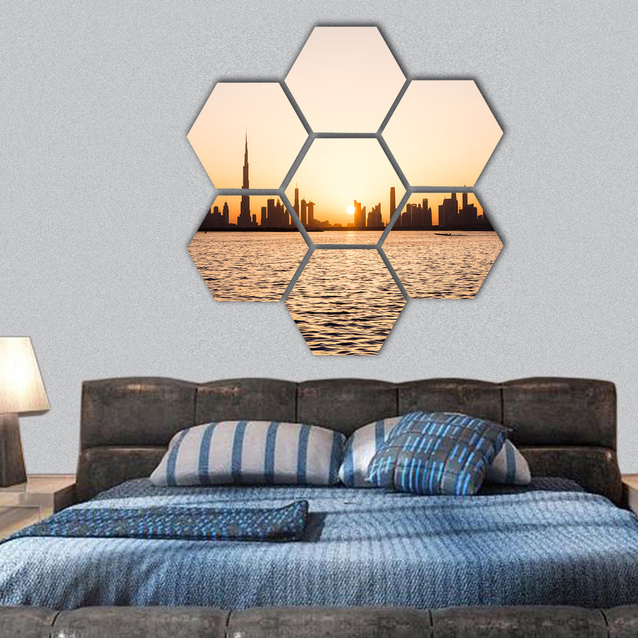 Dubai cityscape above water at sunset hexagonal canvas wall art