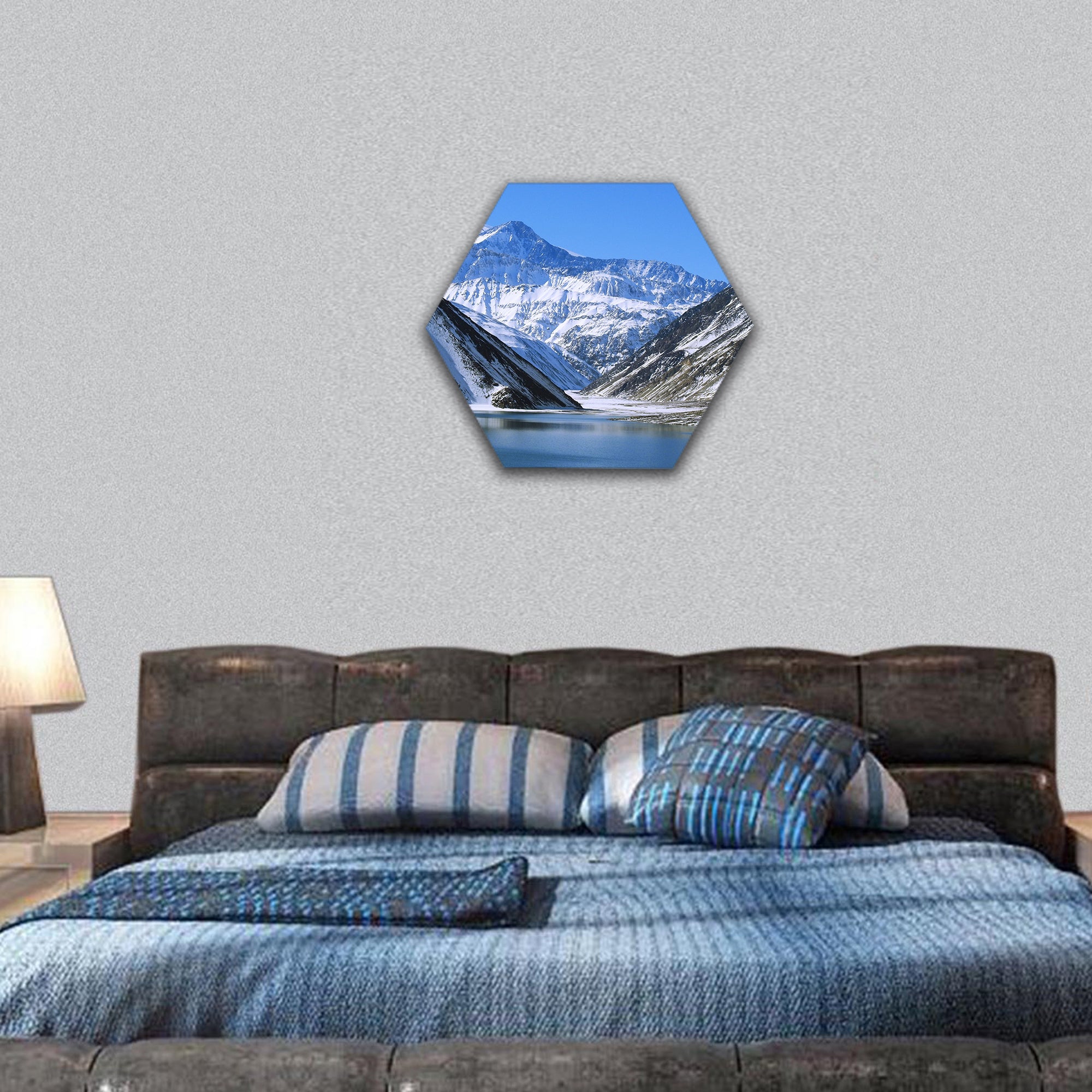 Landscape of mountain snow and lagoon hexagonal canvas wall art