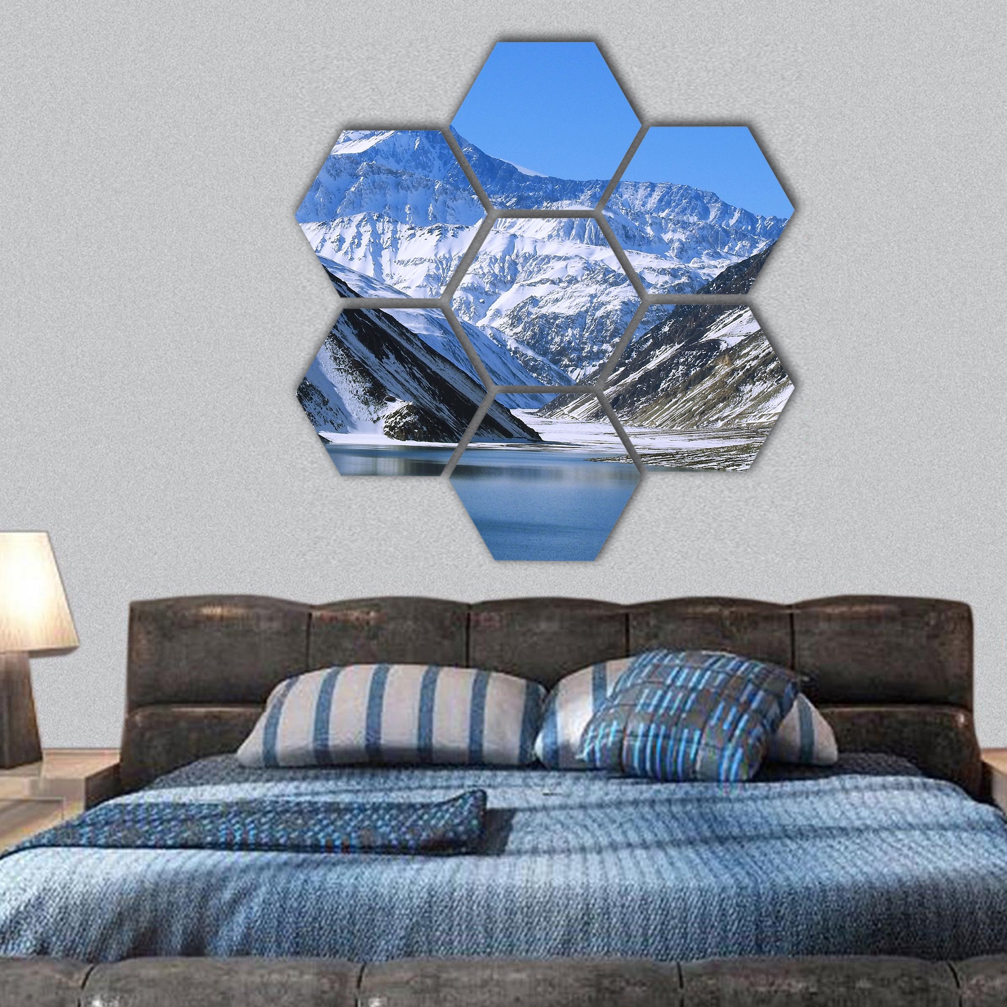 Landscape of mountain snow and lagoon hexagonal canvas wall art