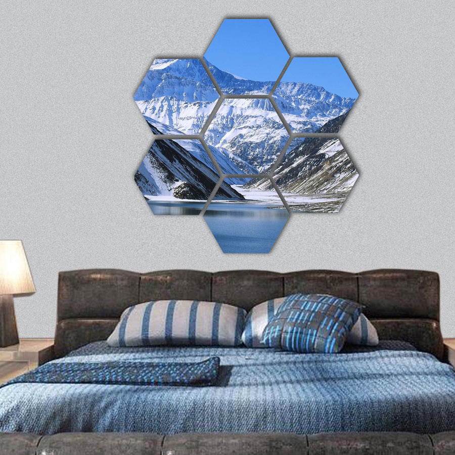 Landscape of mountain snow and lagoon hexagonal canvas wall art