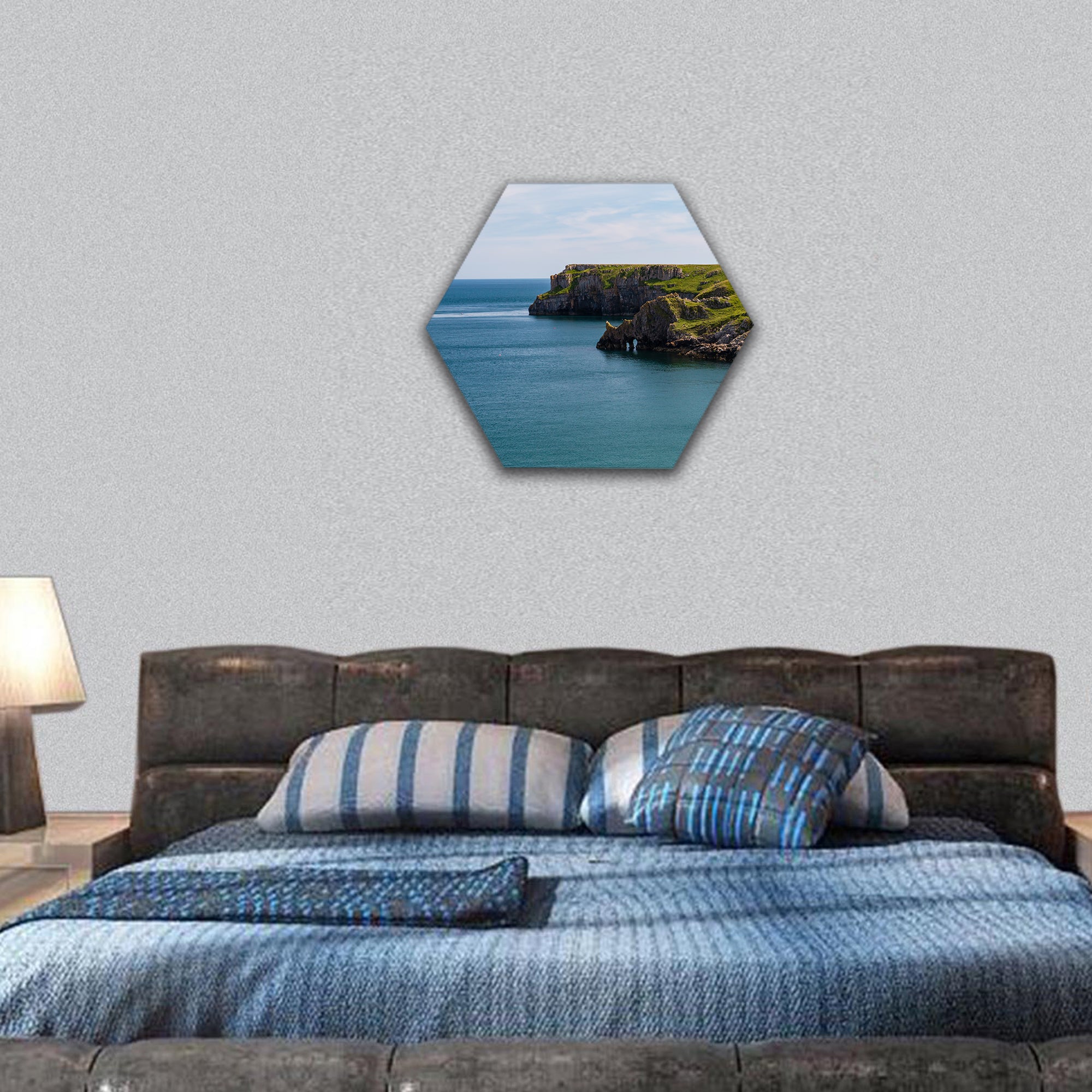 Welsh coastline around Stackpole and Barafundle Bay hexagonal canvas wall art