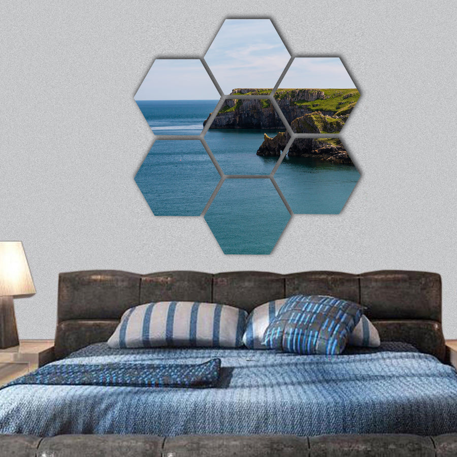 Welsh coastline around Stackpole and Barafundle Bay hexagonal canvas wall art