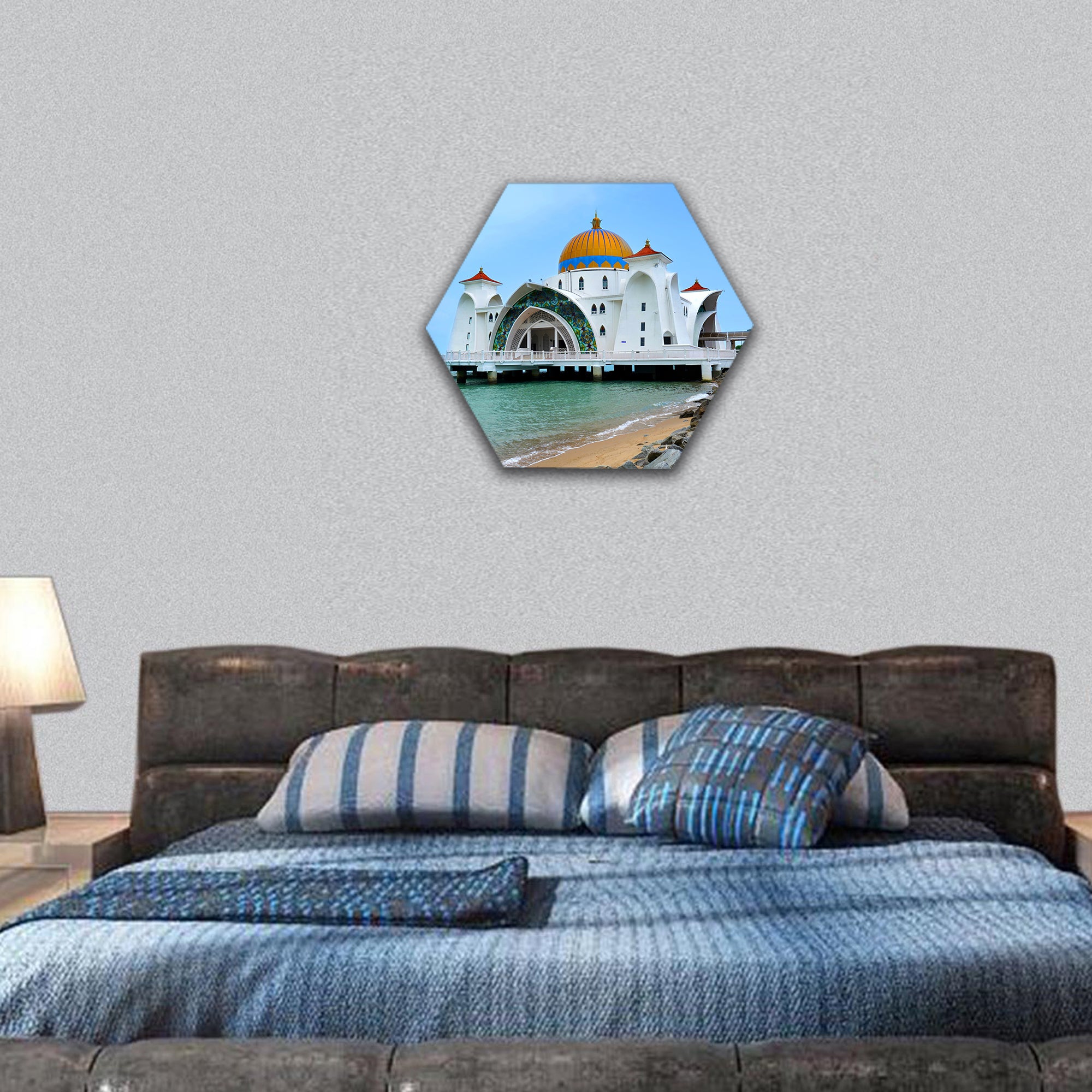 Malacca Straits Mosque hexagonal canvas wall art