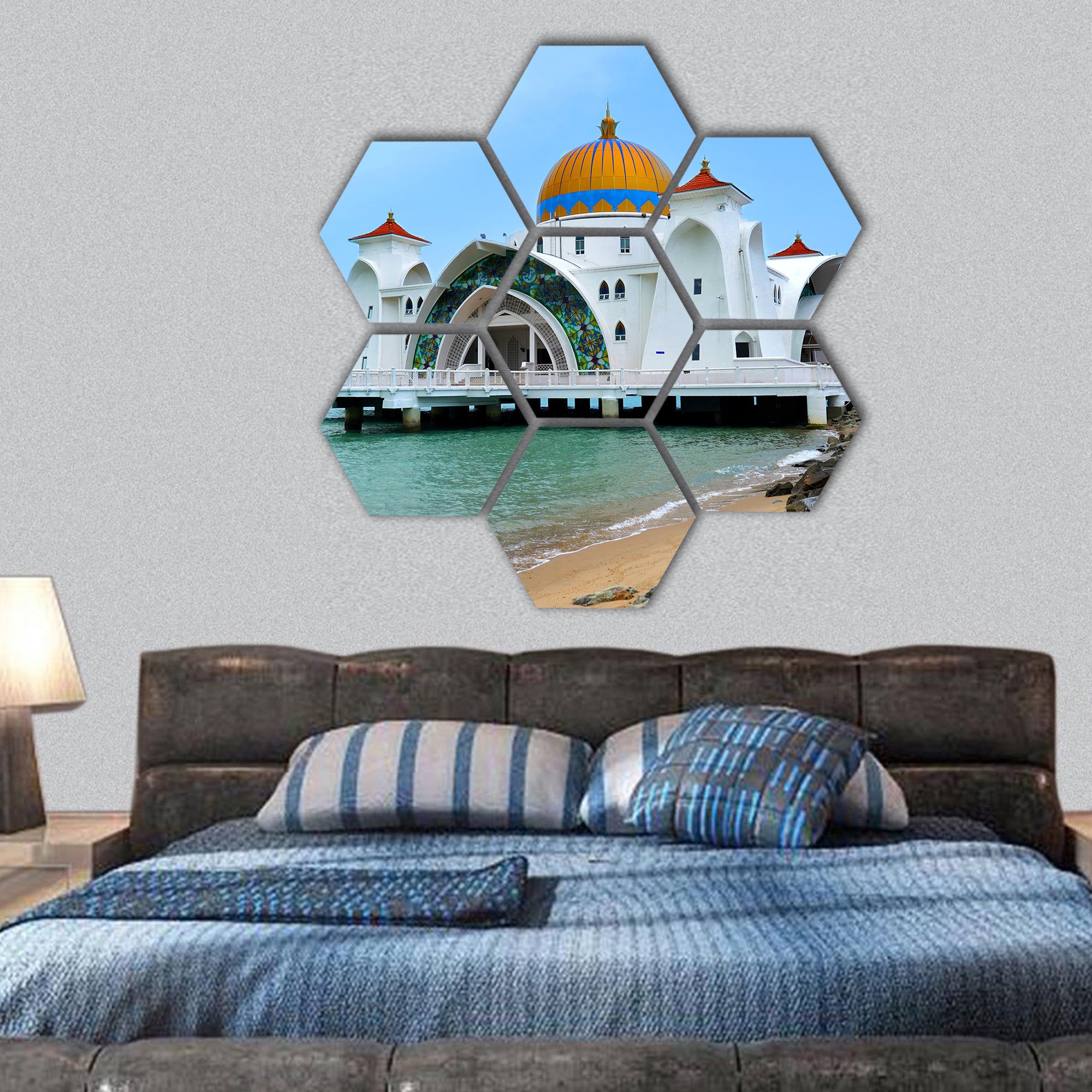 Malacca Straits Mosque hexagonal canvas wall art