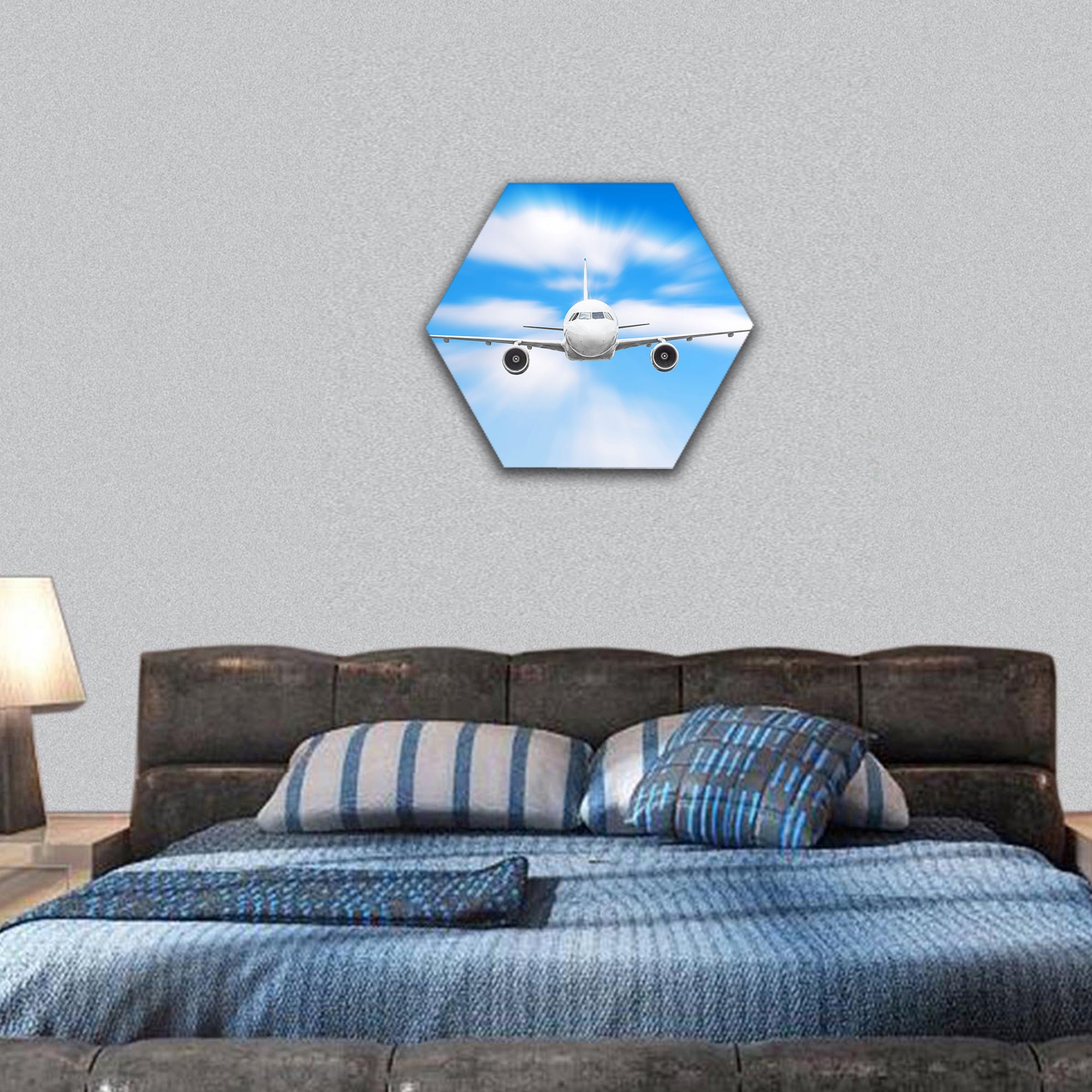 Airplane in the sky above the clouds flight journey hexagonal canvas wall art