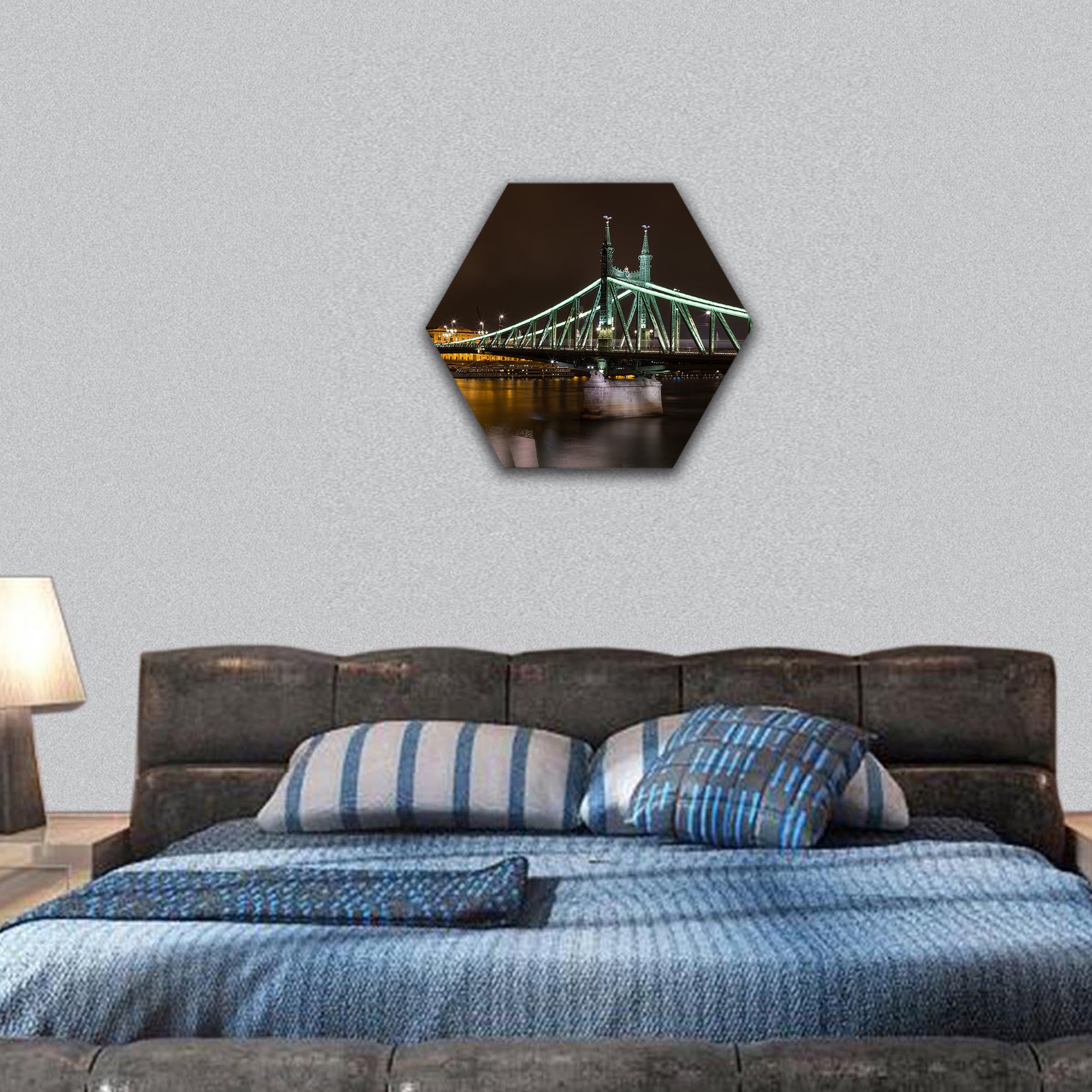 Night view of Liberty bridge in Budapest, Hungary hexagonal canvas wall art