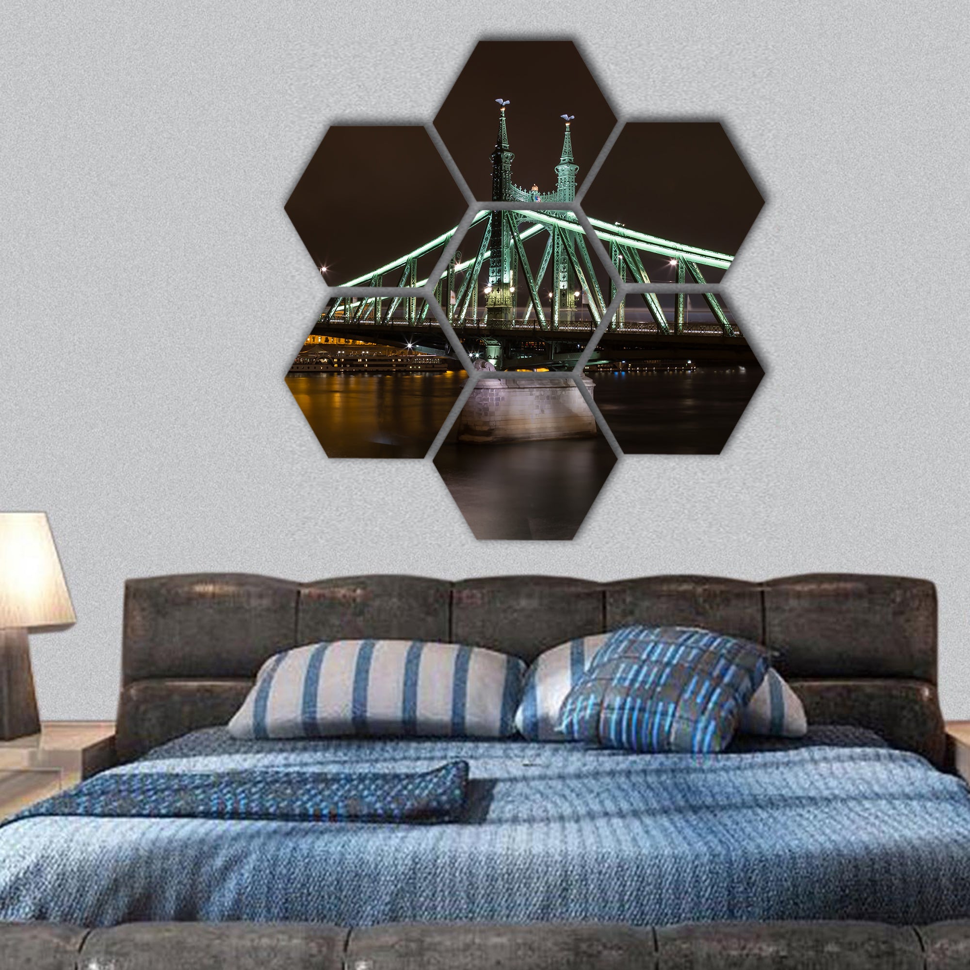 Night view of Liberty bridge in Budapest, Hungary hexagonal canvas wall art