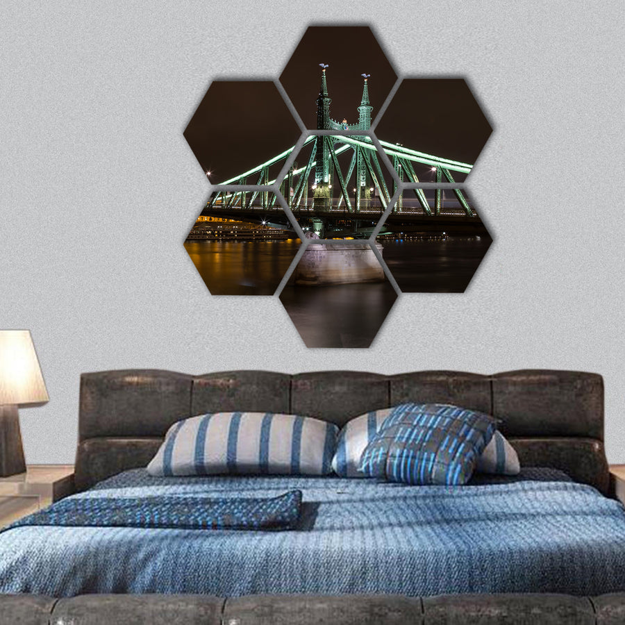 Night view of Liberty bridge in Budapest, Hungary hexagonal canvas wall art