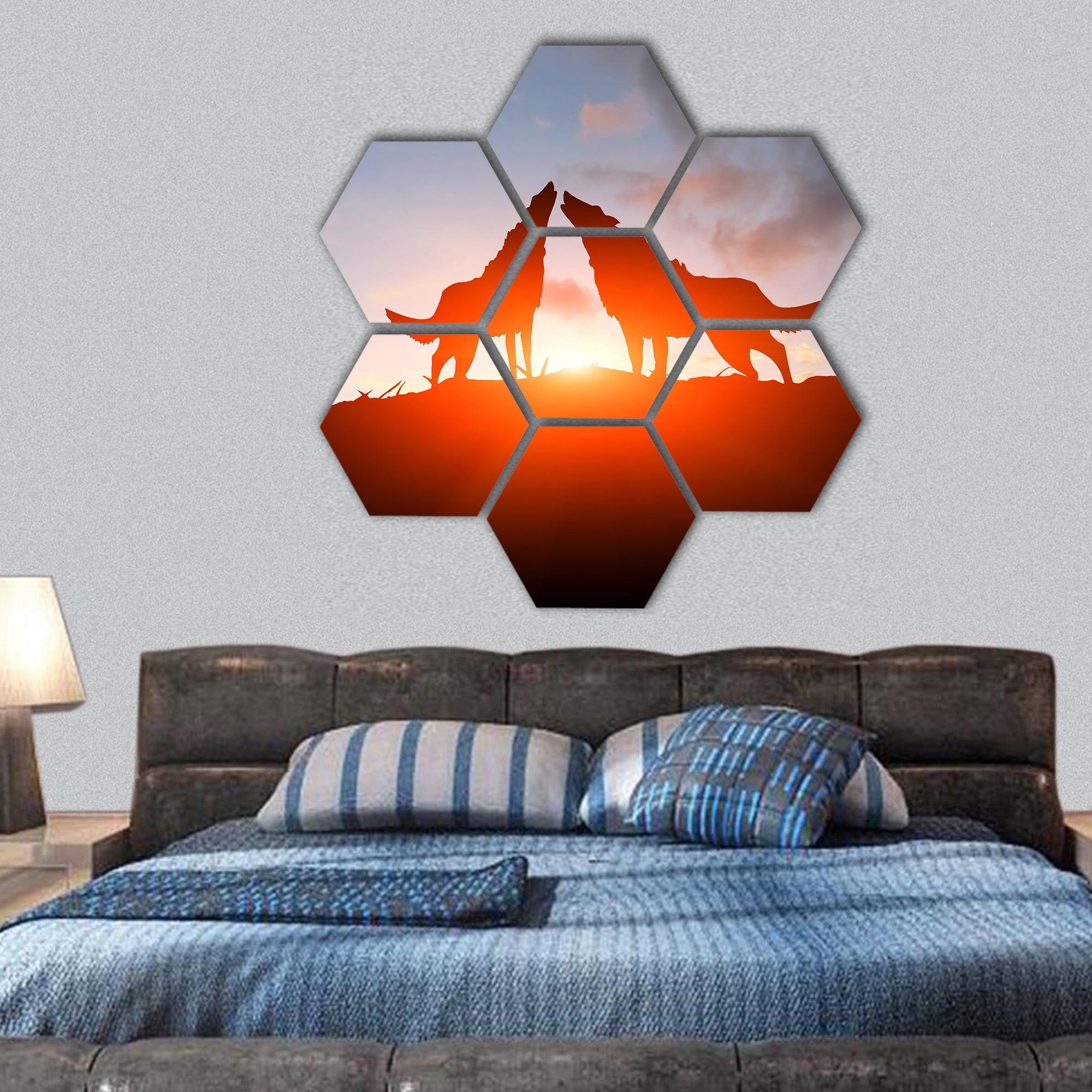 two wolves on a mountain top hexagonal canvas wall art