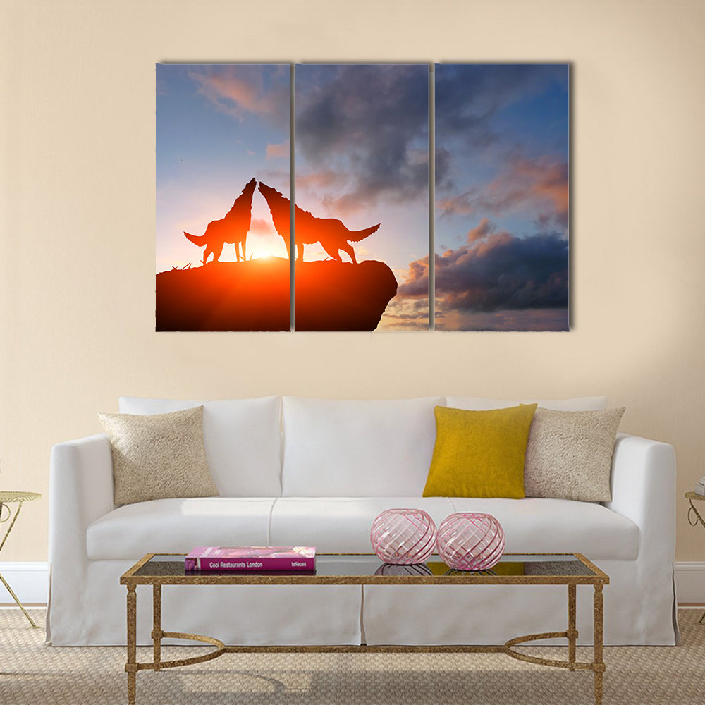 Two wolves on a mountain top Multi Panel Canvas Wall Art