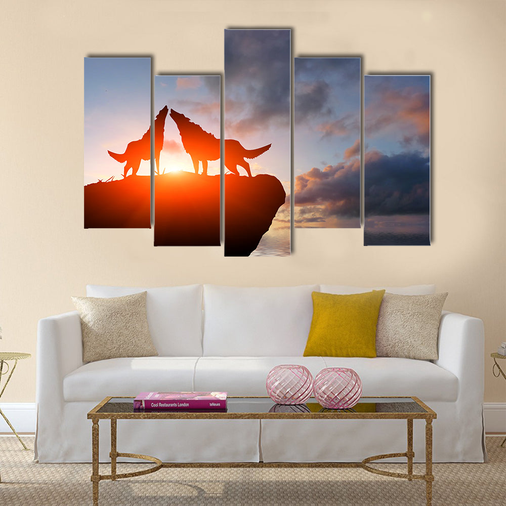 Two wolves on a mountain top Multi Panel Canvas Wall Art