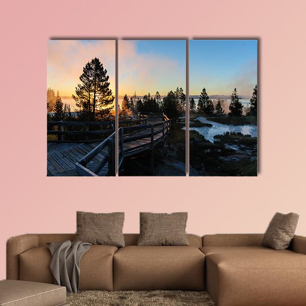 A sunrise in the West Thumb Area in Yellowstone National Park, Multi panel canvas wall art