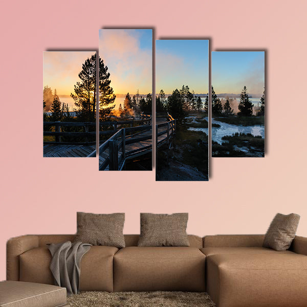 A sunrise in the West Thumb Area in Yellowstone National Park, Multi panel canvas wall art