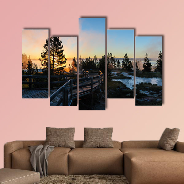 A sunrise in the West Thumb Area in Yellowstone National Park, Multi panel canvas wall art
