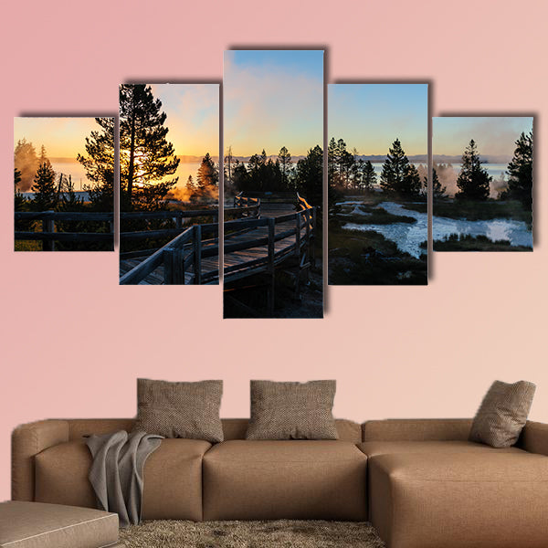 A sunrise in the West Thumb Area in Yellowstone National Park, Multi panel canvas wall art