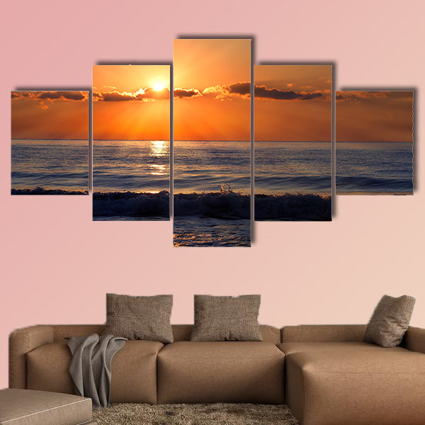 Sun rays over the Bulgarian Black Sea; Morning seascape with nice clouds wall art