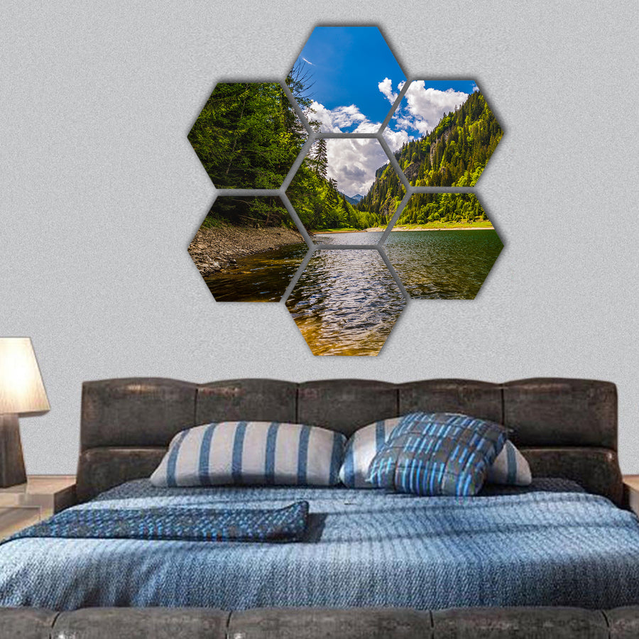 Beautiful lake in Parang mountains, Romania hexagonal canvas wall art