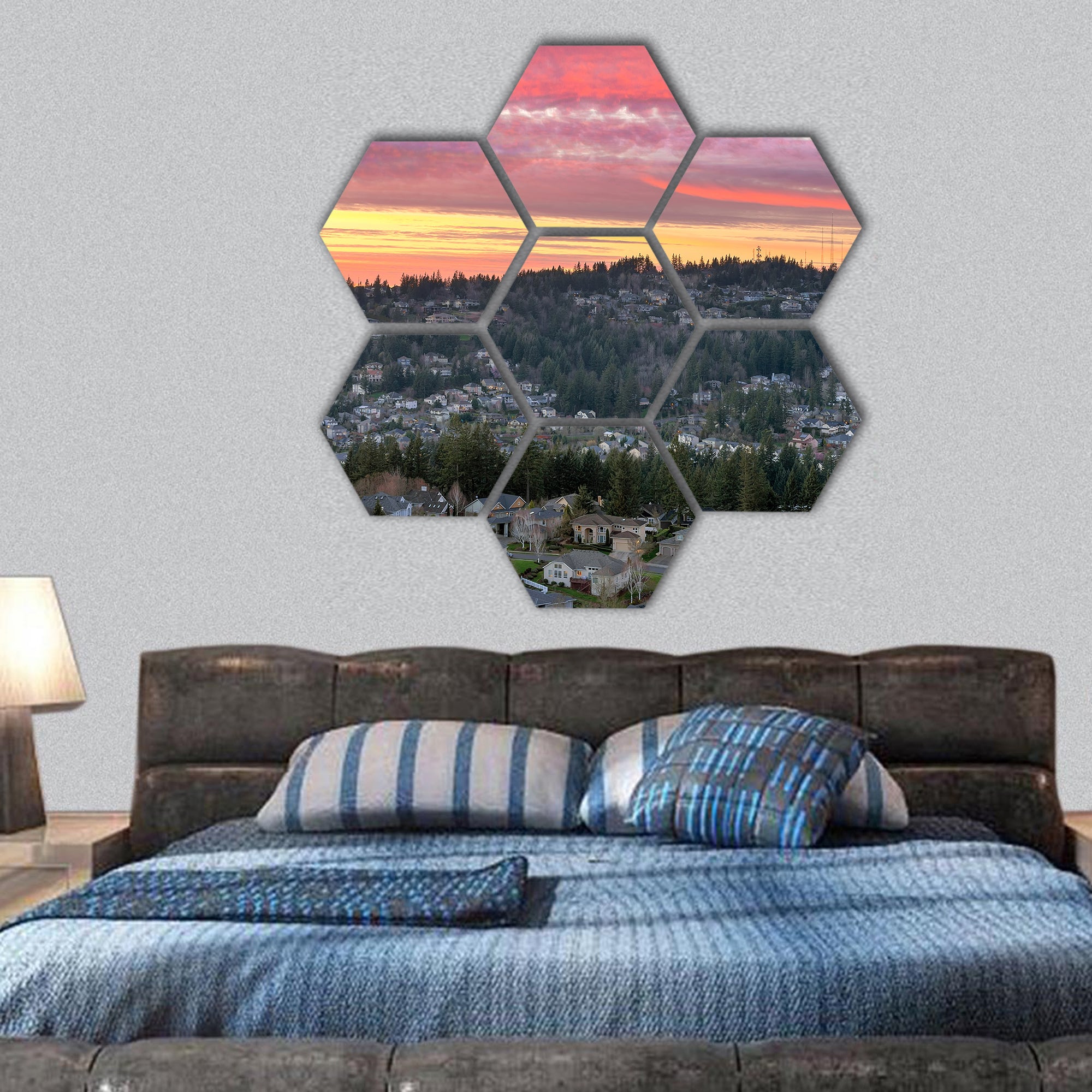 Colorful sunset sky over Happy Valley hexagonal canvas wall art