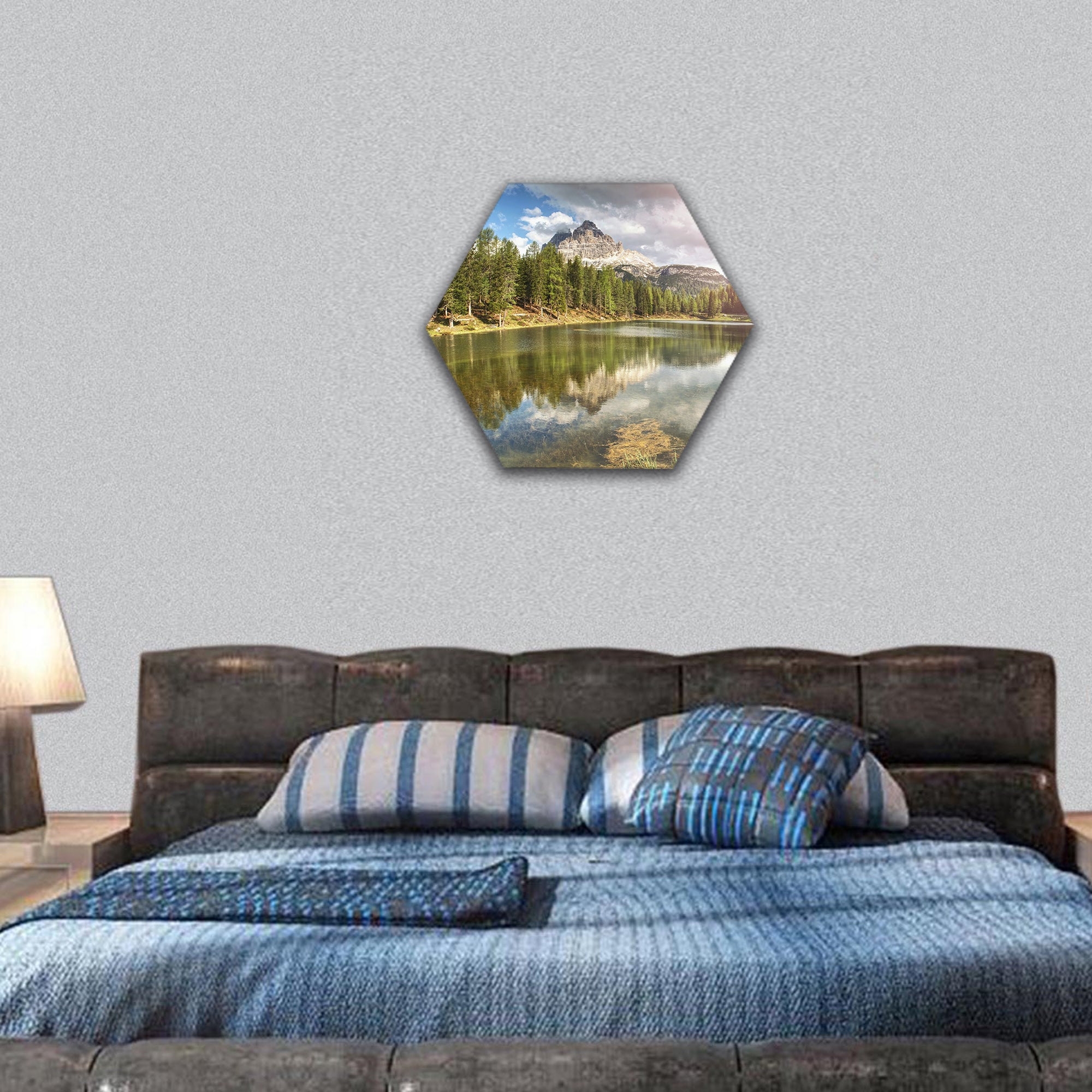 Calm blue lake between the sharp rocks hexagonal canvas wall art
