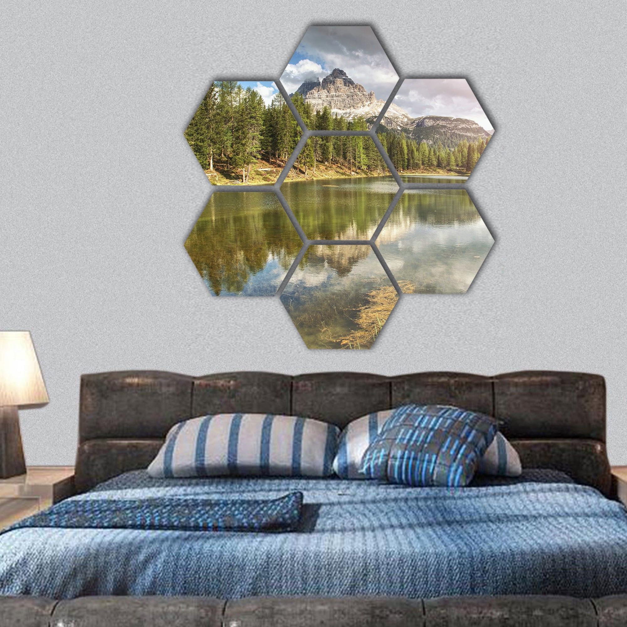 Calm blue lake between the sharp rocks hexagonal canvas wall art