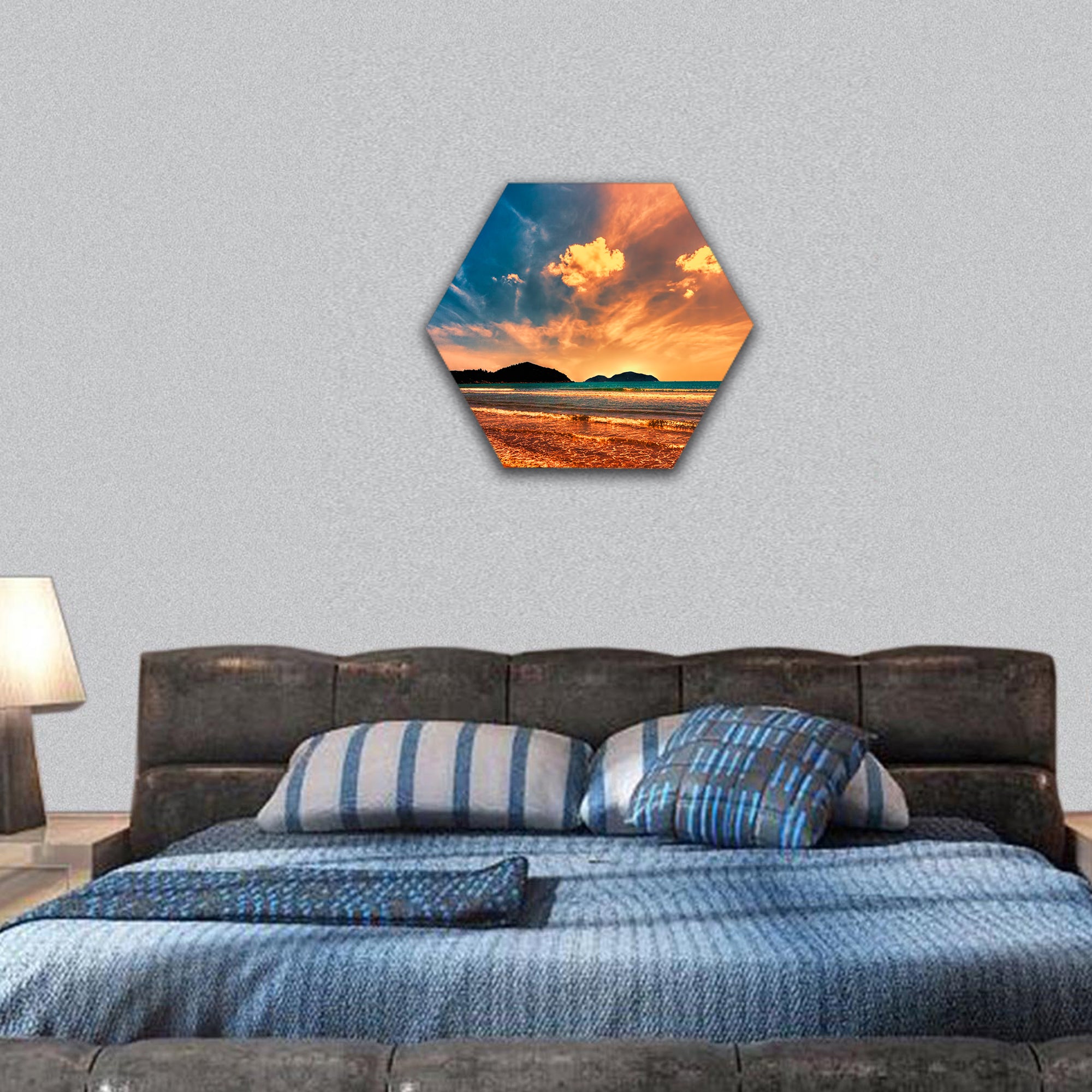 Tropical sunset on the beach of Hainan Island , China hexagonal canvas wall art