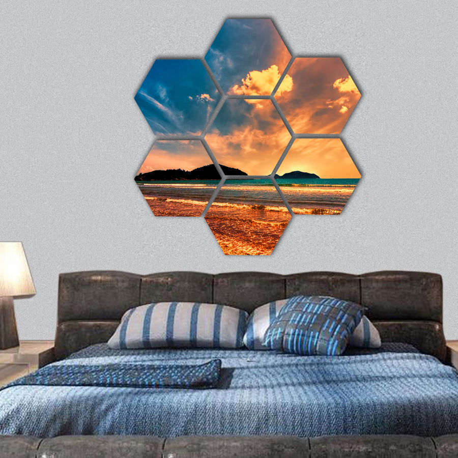 Tropical sunset on the beach of Hainan Island , China hexagonal canvas wall art