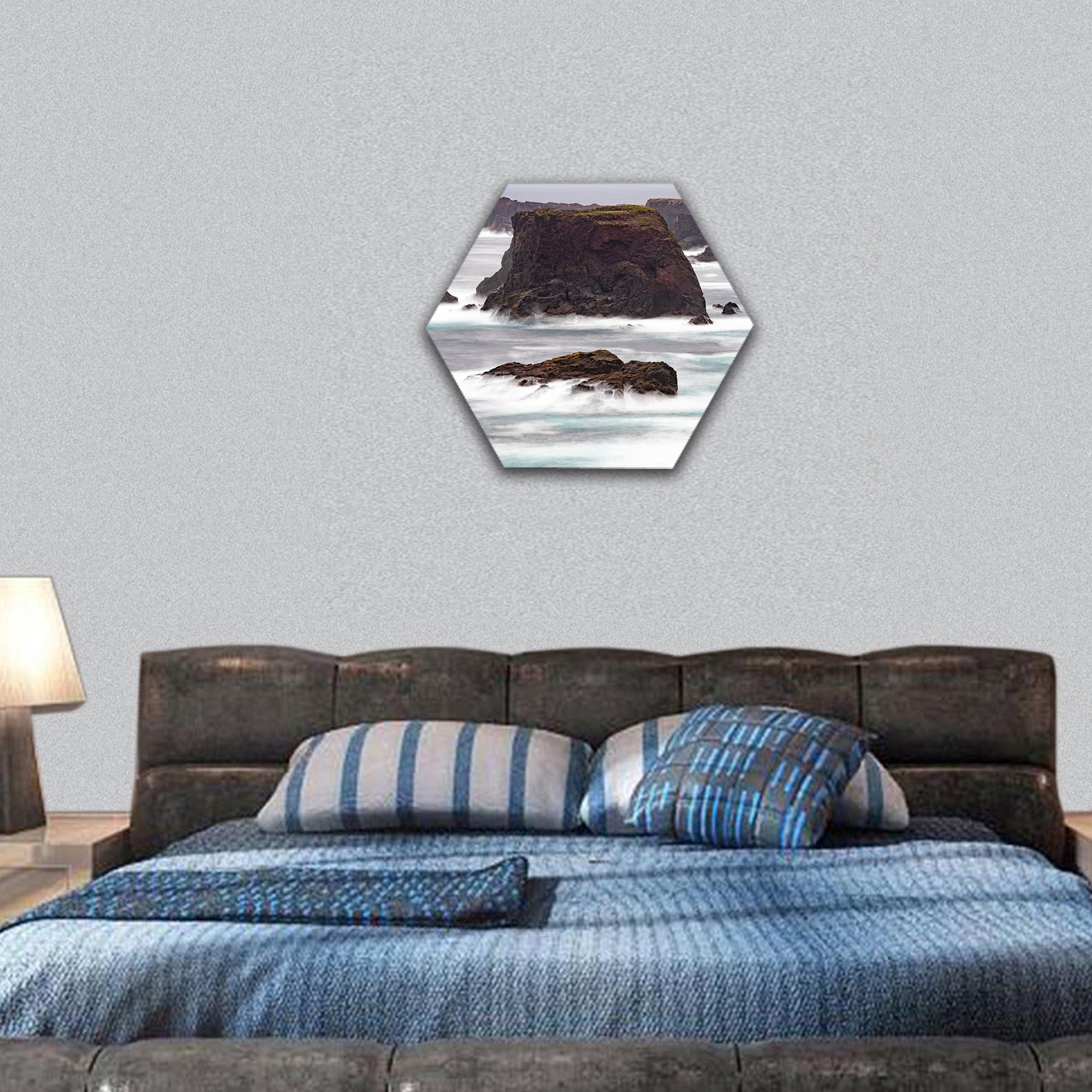 Atlantic Ocean crashes against the sea stacks hexagonal canvas wall art