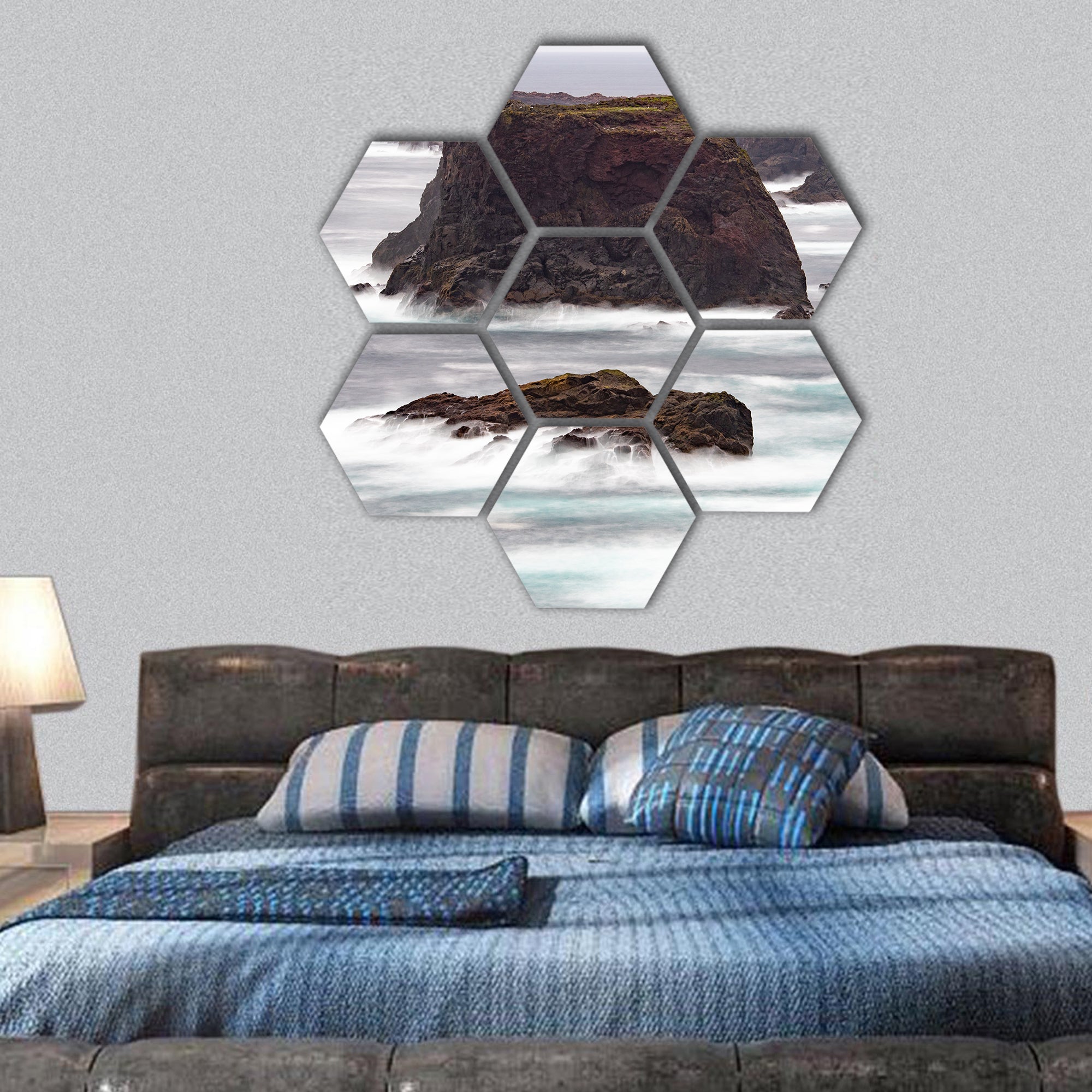 Atlantic Ocean crashes against the sea stacks hexagonal canvas wall art