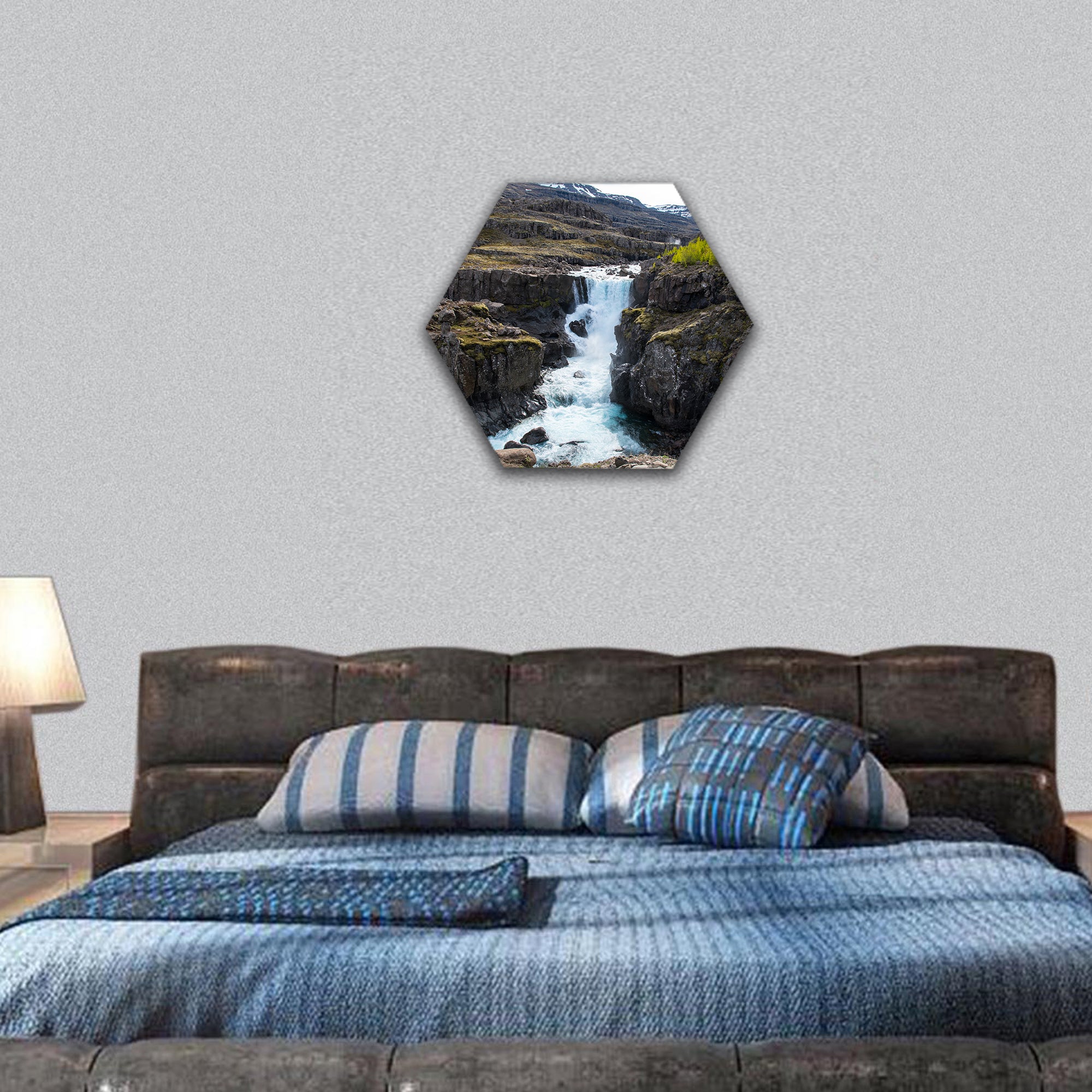 Waterfall in Fossa river in East Iceland hexagonal canvas wall art