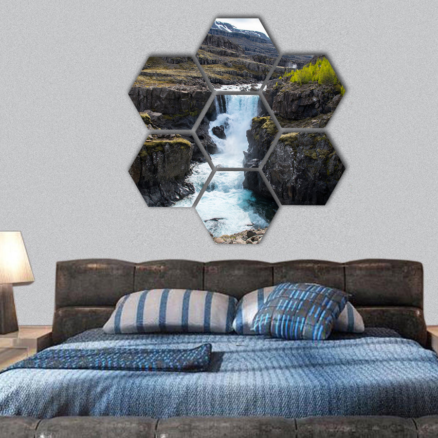 Waterfall in Fossa river in East Iceland hexagonal canvas wall art