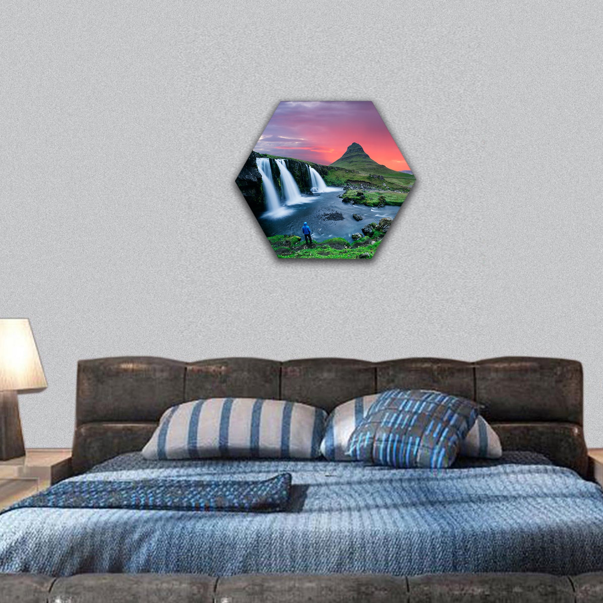 Kirkjufellsfoss waterfall and Kirkjufell mountain hexagonal canvas wall art