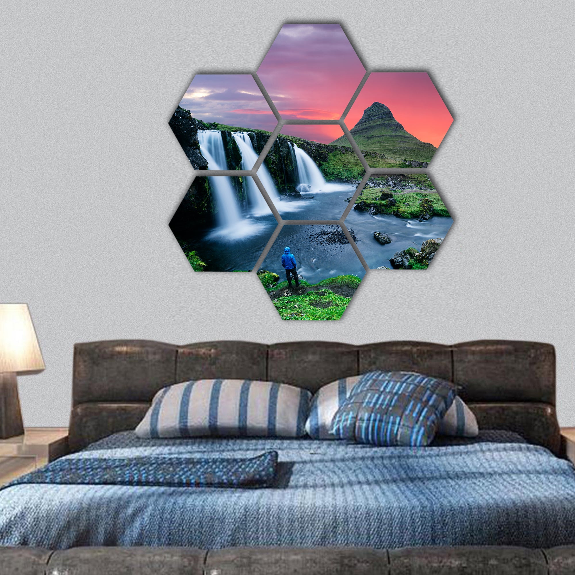 Kirkjufellsfoss waterfall and Kirkjufell mountain hexagonal canvas wall art
