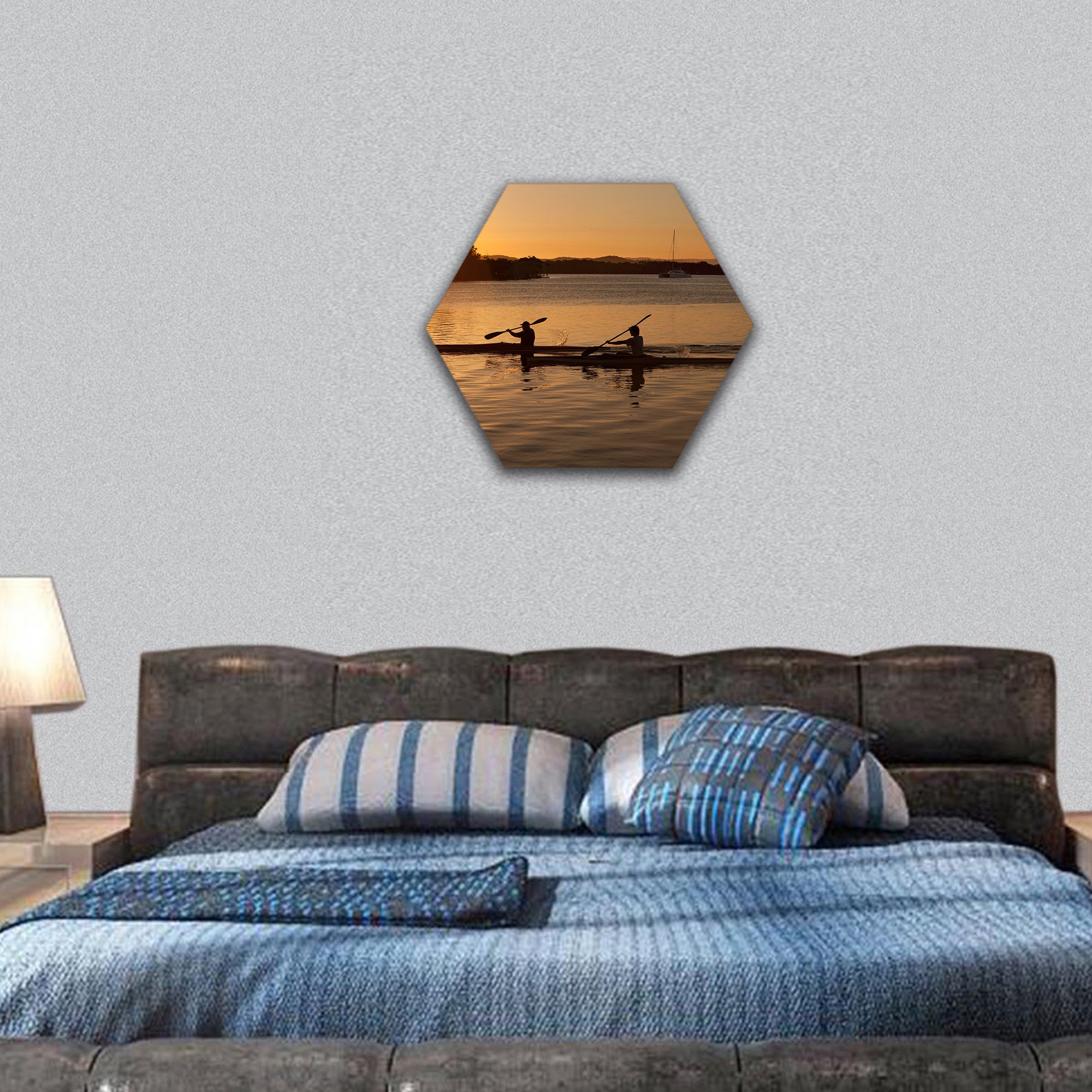 Kayak at sunset hexagonal canvas wall art