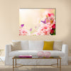 Beautiful Carnation flowers and butterflies in sun ray morning Multi Panel Canvas Wall Art