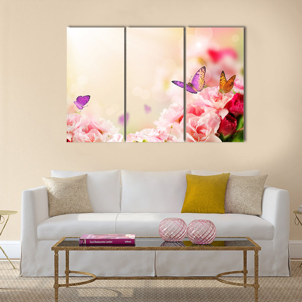 Beautiful Carnation flowers and butterflies in sun ray morning Multi Panel Canvas Wall Art