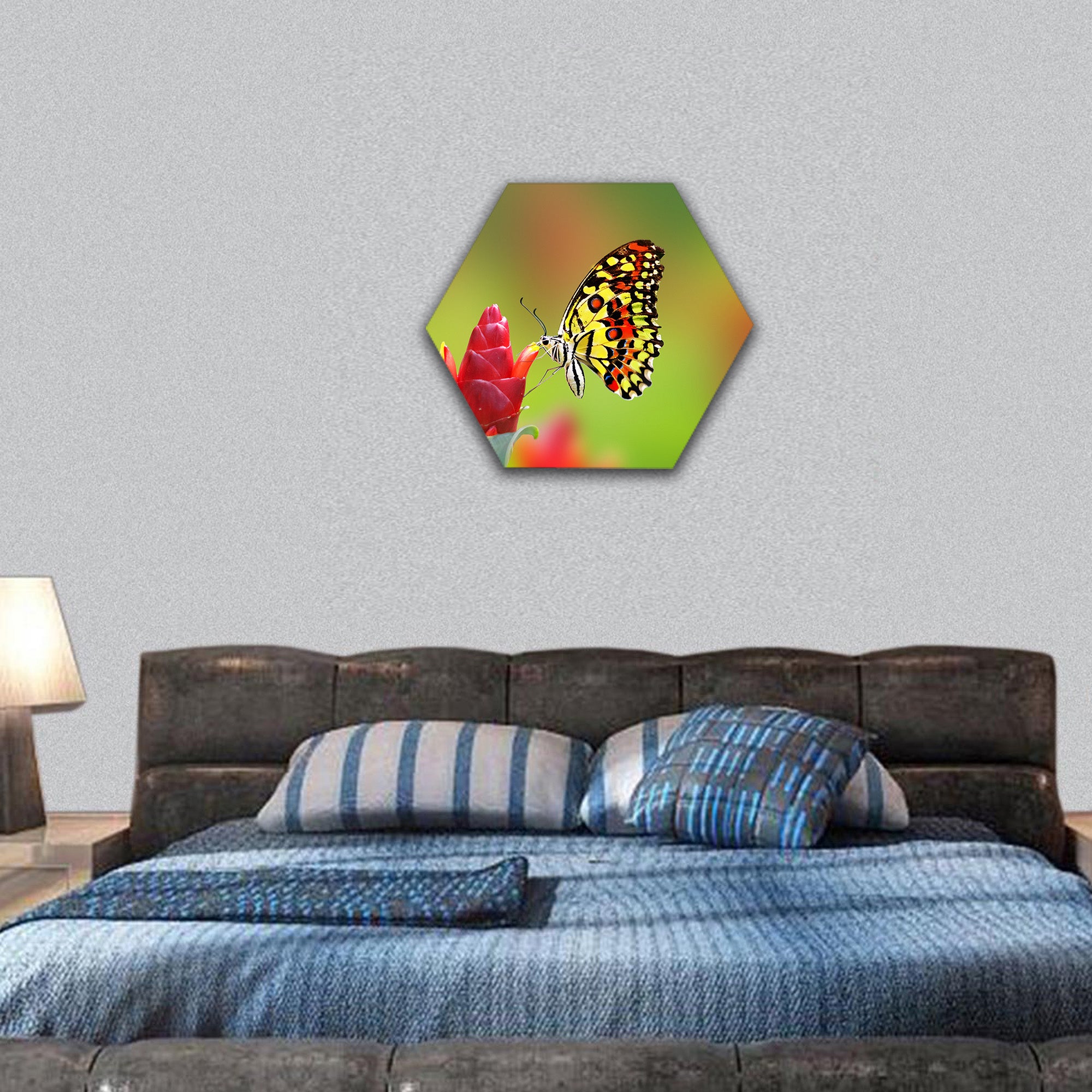 Butterfly drinking nectar from flower hexagonal canvas wall art