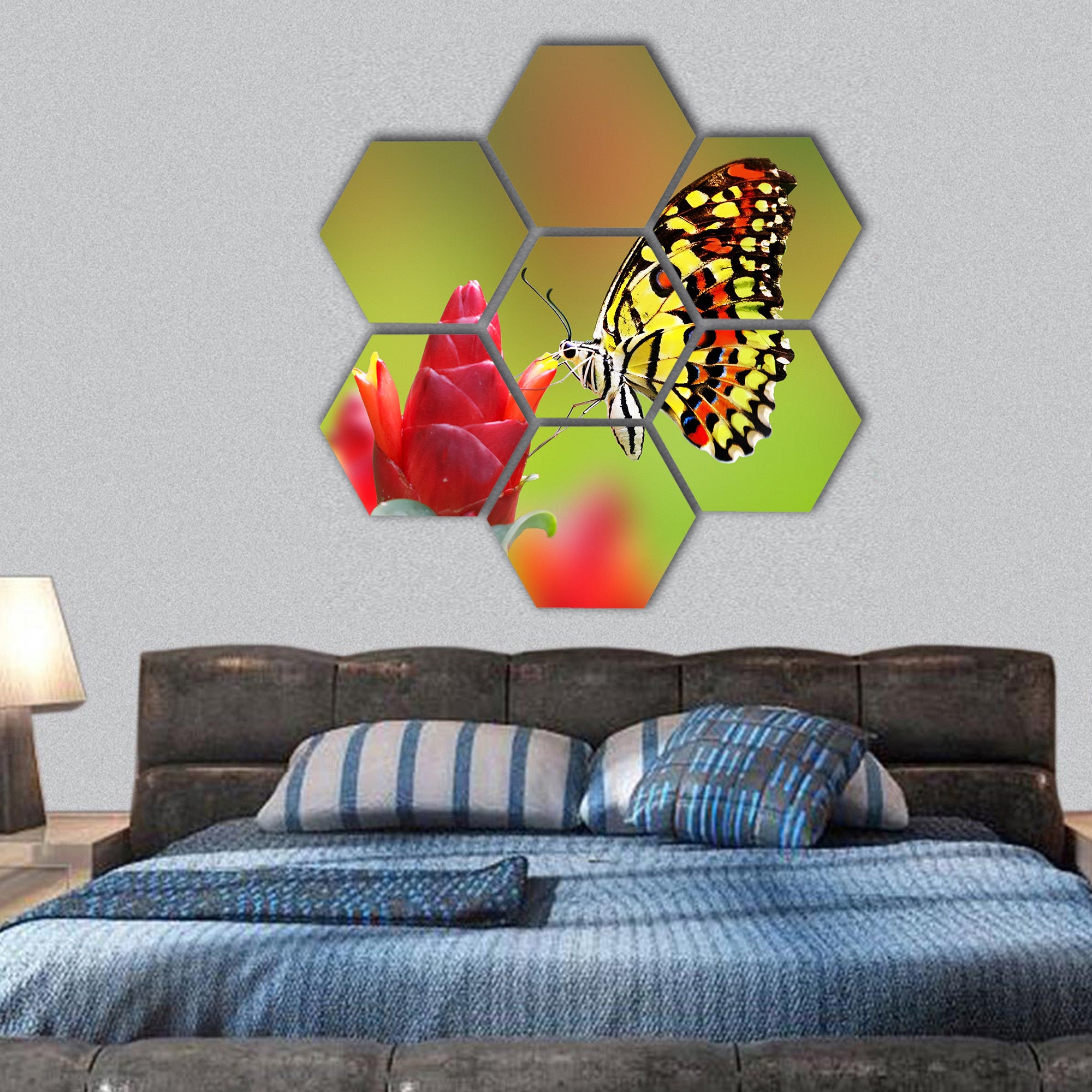 Butterfly drinking nectar from flower hexagonal canvas wall art