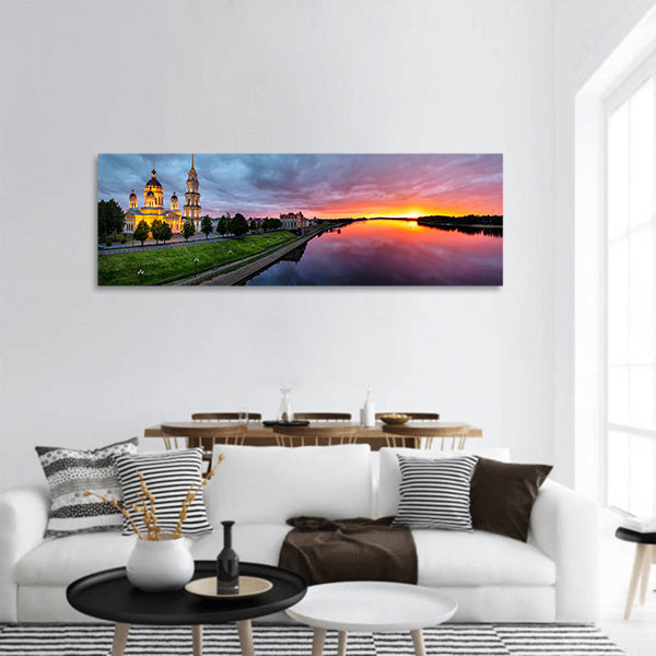 View of sunset with Volga river panoramic canvas wall art