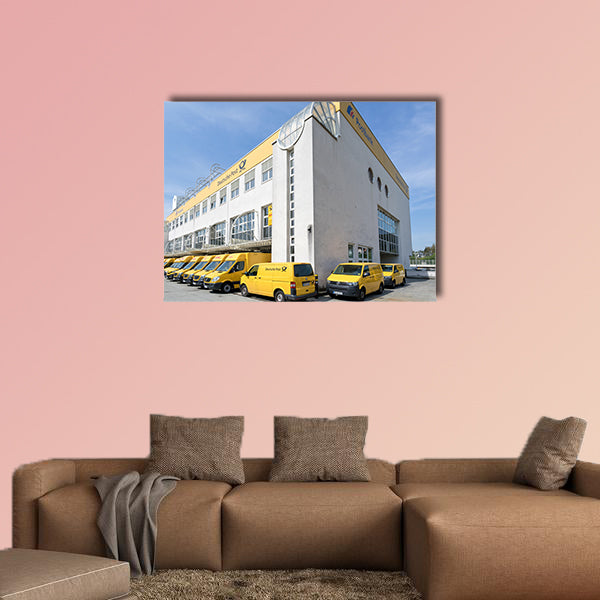 DHL delivery vans at depot multi panel canvas wall art