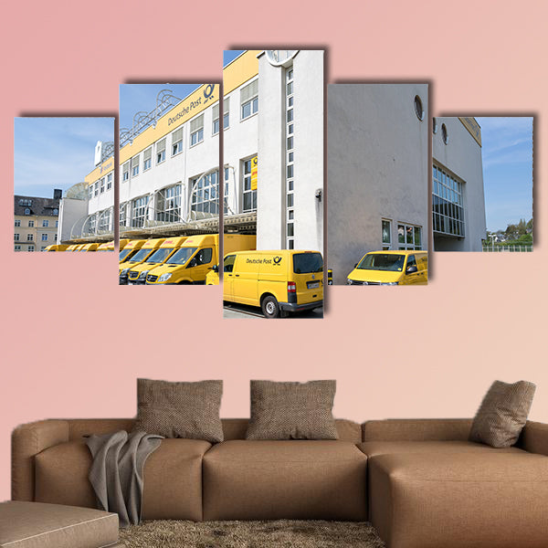 DHL delivery vans at depot multi panel canvas wall art