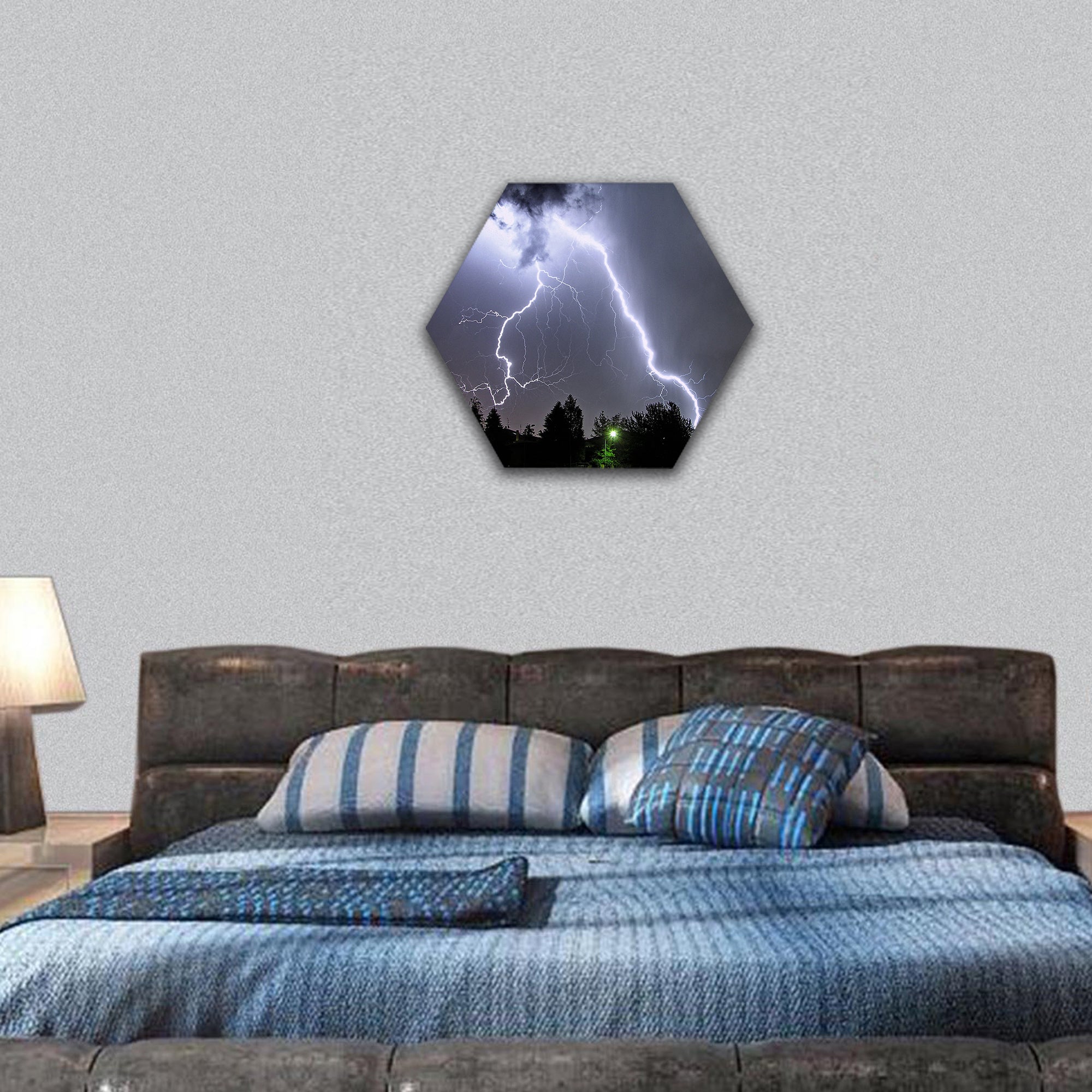 Big lightning in a summer storm hexagonal canvas wall art