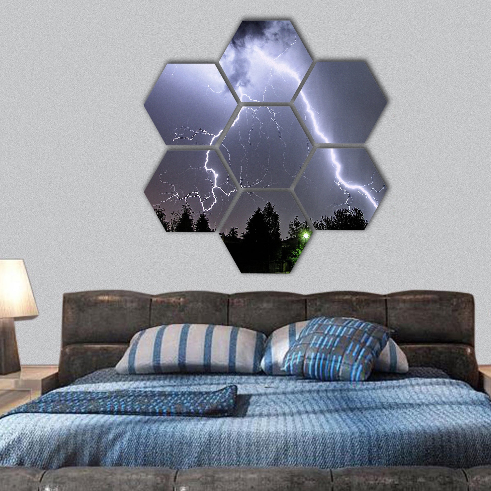Big lightning in a summer storm hexagonal canvas wall art