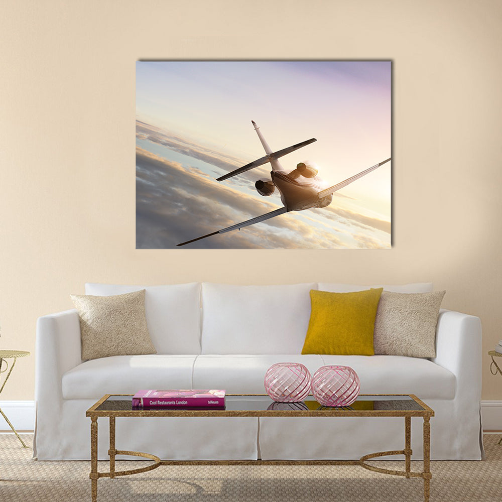 Commercial airliner flying in high sky multi panel canvas wall art