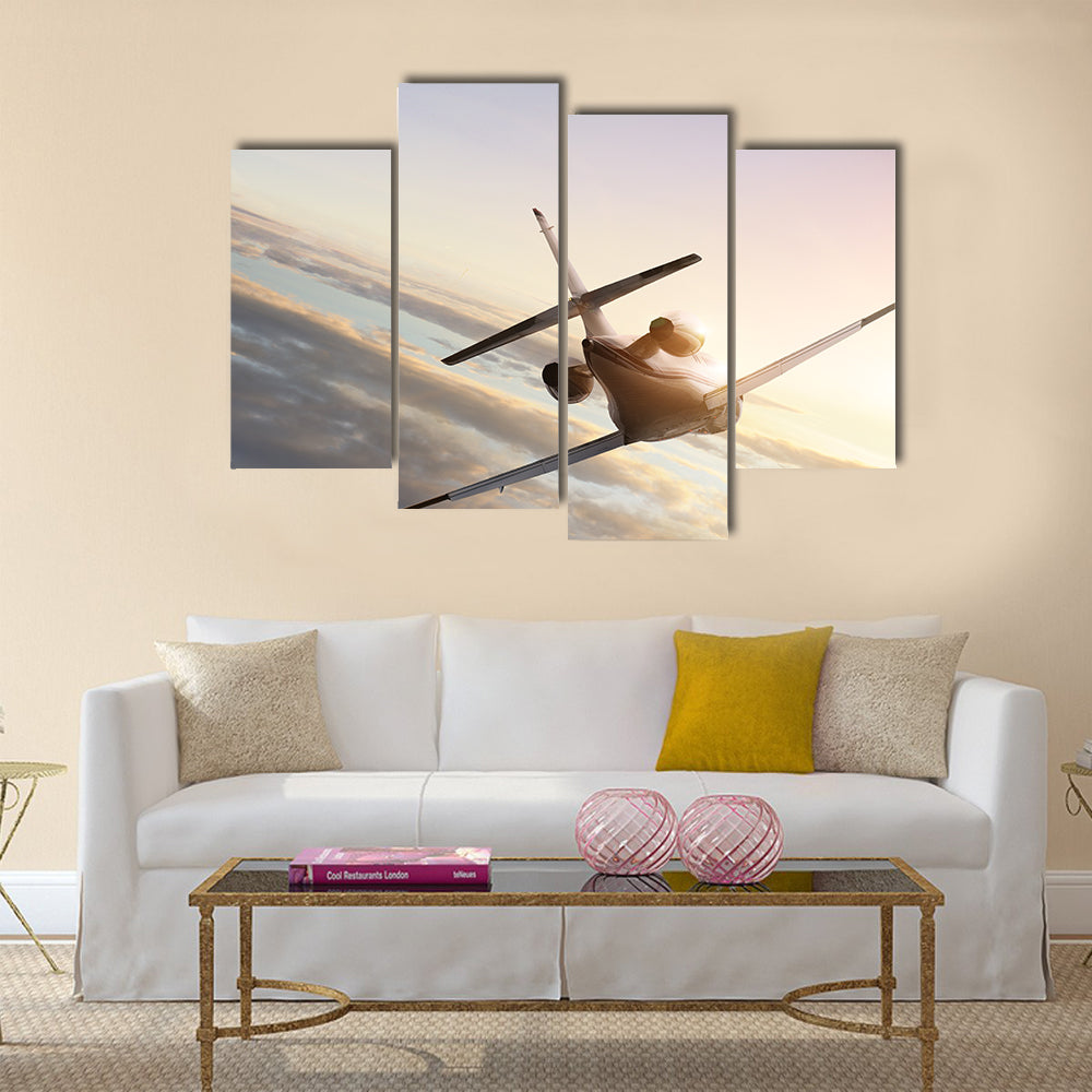 Commercial airliner flying in high sky multi panel canvas wall art
