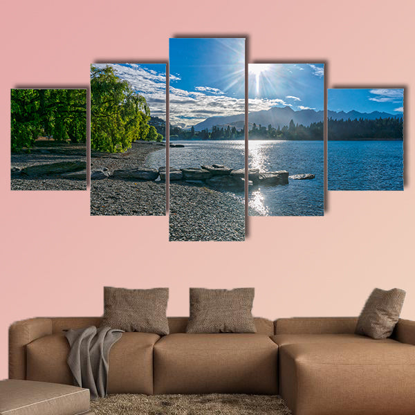 Lake Wakatipu with mountain peaks in the background multi panel canvas wall art