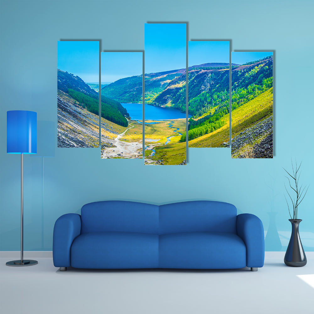 Aerial view of the upper lake in Glendalough, Ireland multi panel canvas wall art